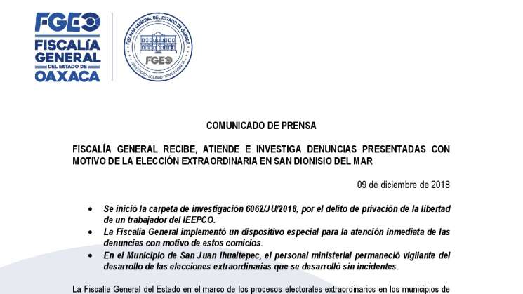 Fiscalía inicia investigación por violencia en San Mateo del Mar