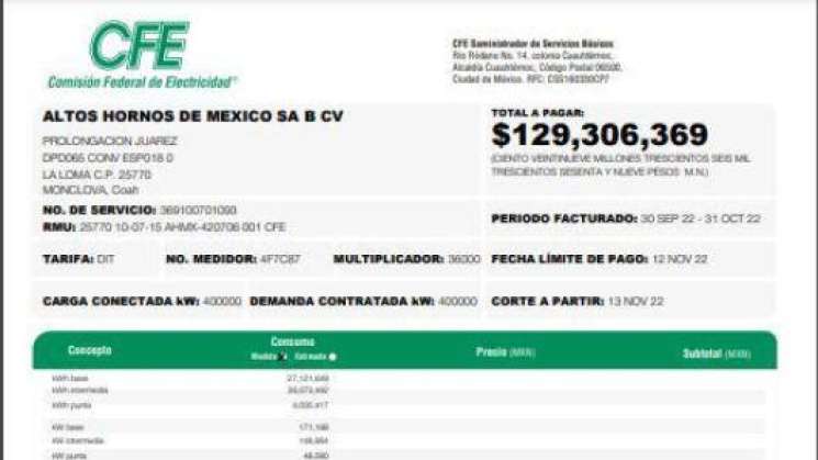 CFE desmiente a AHMSA, adeuda recibos de luz por 129 mdp