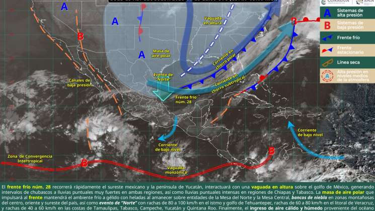 Llega el Frente Frío 28 con lluvias, vientos y niebla densa